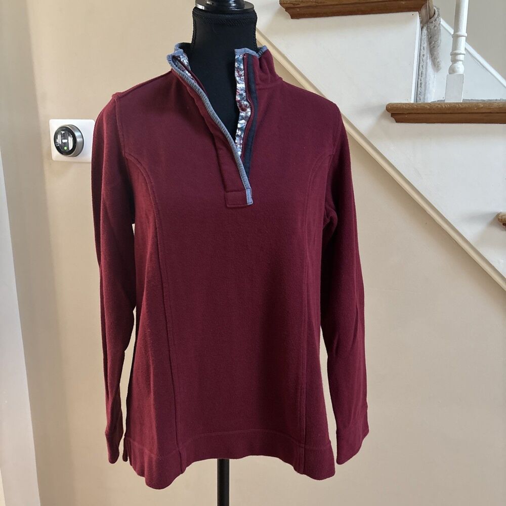 Women’s Orvis 100% Cotton 1/4 Zip Pullover Long Sleeve Maroon With Floral Collar